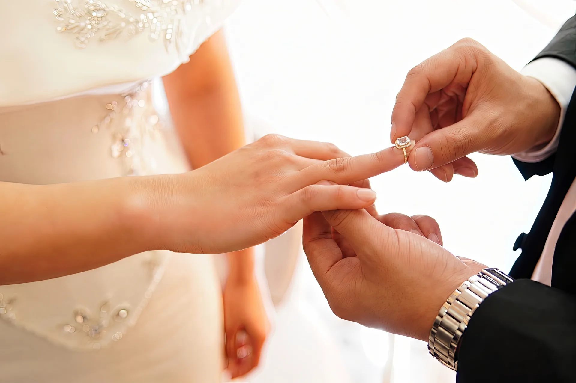 A couple photographed in a composed editorial wedding frame.